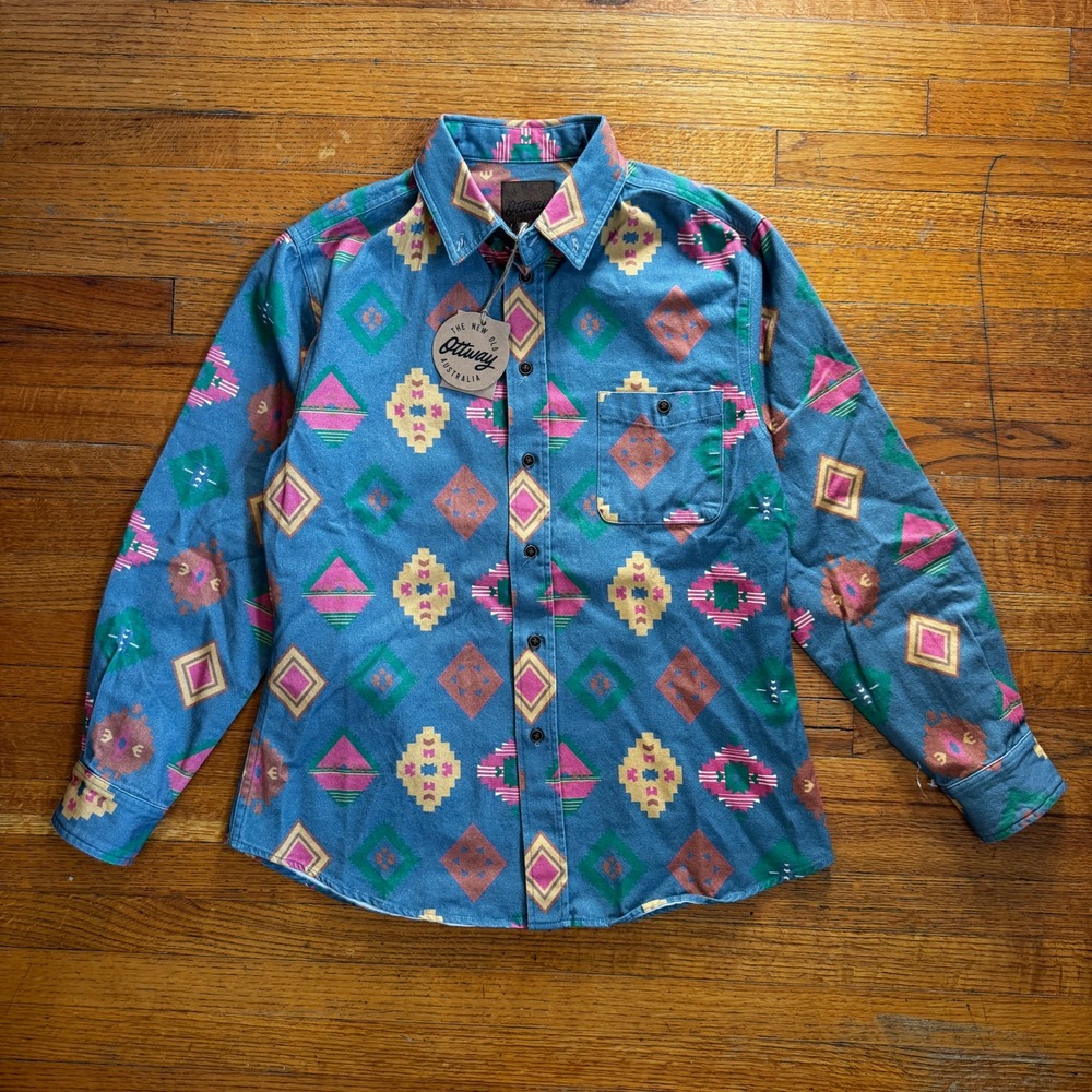 Ottway Australia Riverston‎ Mens Small Blue Southwestern Geometric Cotton Shirt